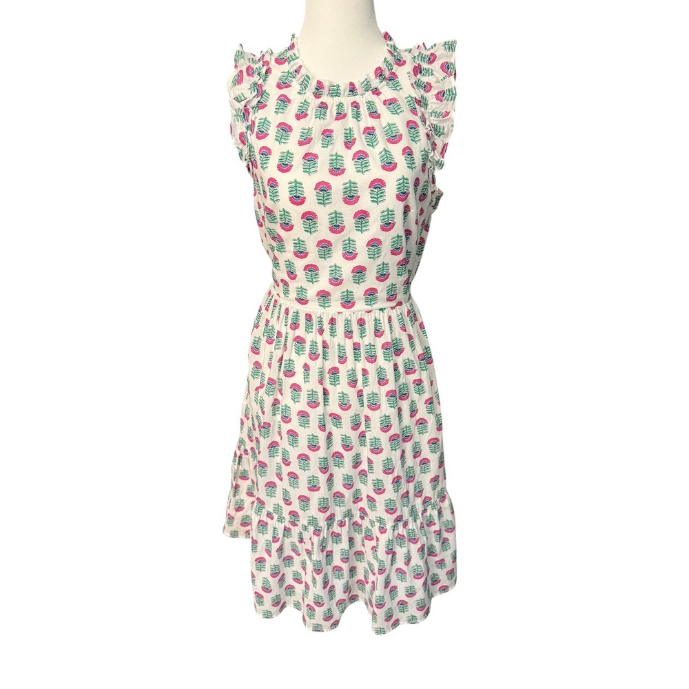 J.Crew White Pink Floral Block Print Ruffle Tiered Cotton Dress CA214 Size 0 NEW